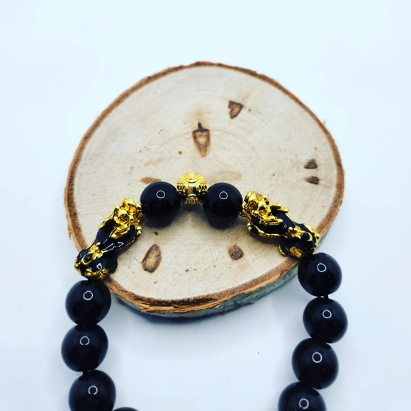 Black Obsidian Double Pixiu Unisex bracelet 12 mm - Picture 5 of 5